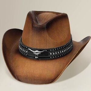 Metal Steer Head Emblem Studded Leather Band Western Straw Cowboy Fedora Hat